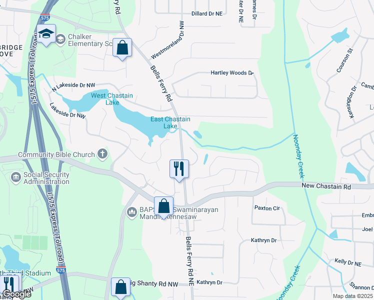 map of restaurants, bars, coffee shops, grocery stores, and more near 3547 Estates Landing Drive Northeast in Marietta