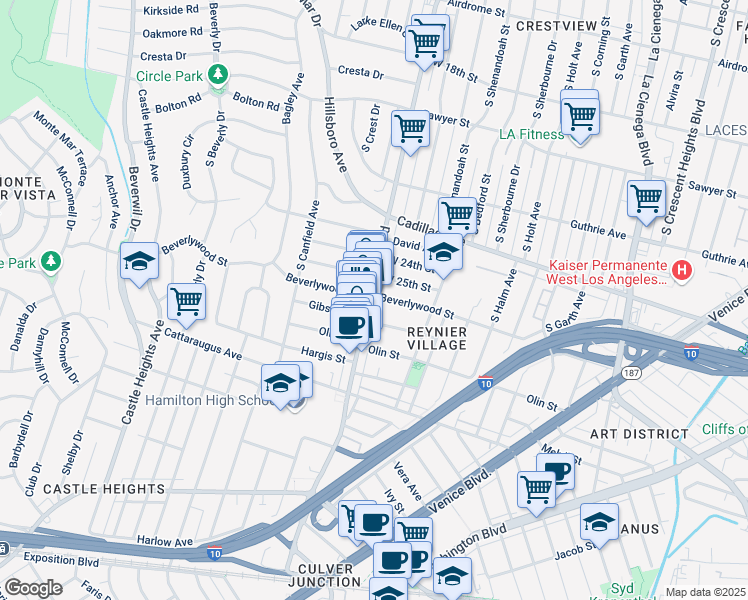 map of restaurants, bars, coffee shops, grocery stores, and more near 8950 Beverlywood Street in Los Angeles