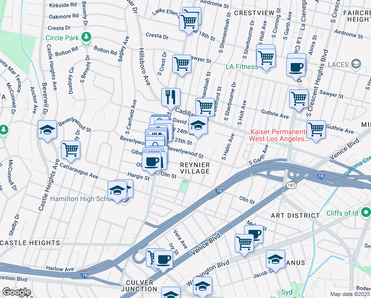 map of restaurants, bars, coffee shops, grocery stores, and more near 8919 Beverlywood Street in Los Angeles