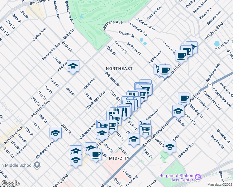 map of restaurants, bars, coffee shops, grocery stores, and more near 1055 26th Street in Santa Monica