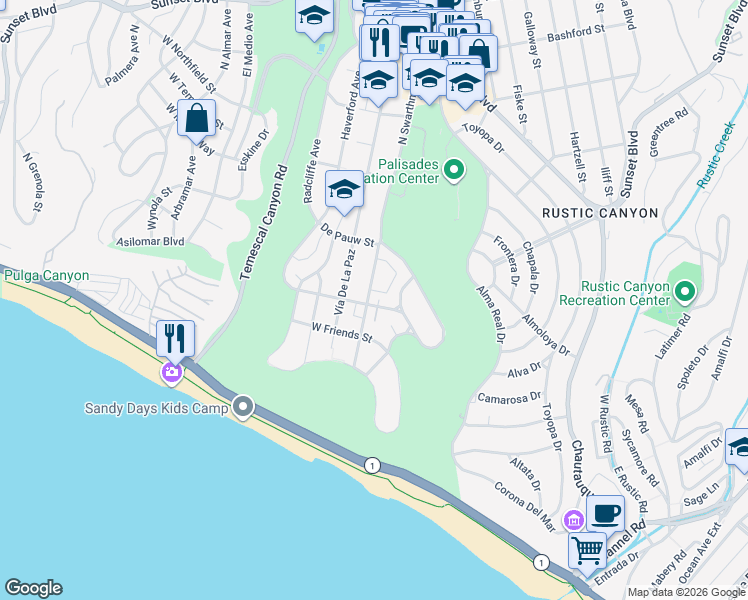 map of restaurants, bars, coffee shops, grocery stores, and more near 500 North Swarthmore Avenue in Los Angeles