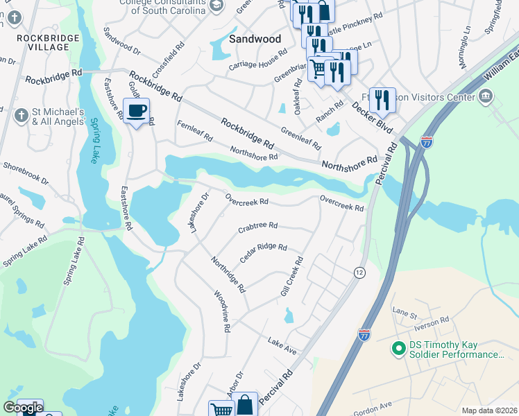 map of restaurants, bars, coffee shops, grocery stores, and more near 3504 Overcreek Road in Columbia