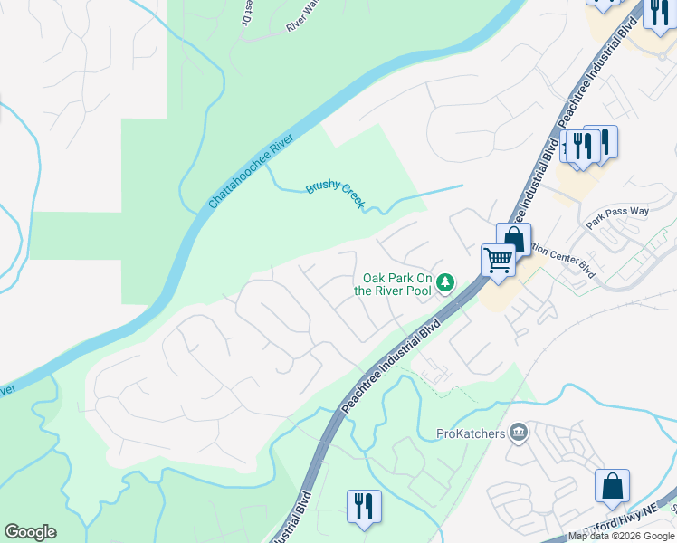 map of restaurants, bars, coffee shops, grocery stores, and more near 1645 Rushing River Way in Suwanee