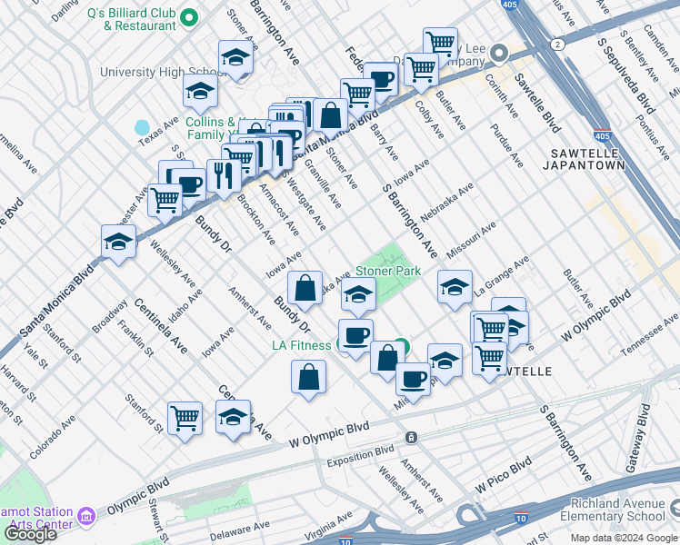 map of restaurants, bars, coffee shops, grocery stores, and more near 11855 Nebraska Avenue in Los Angeles