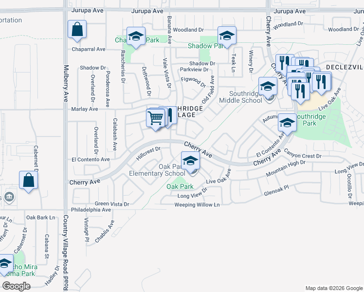 map of restaurants, bars, coffee shops, grocery stores, and more near 14174 Green Vista Drive in Fontana