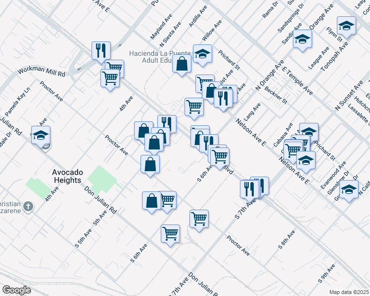map of restaurants, bars, coffee shops, grocery stores, and more near 14232 Valley Boulevard in La Puente