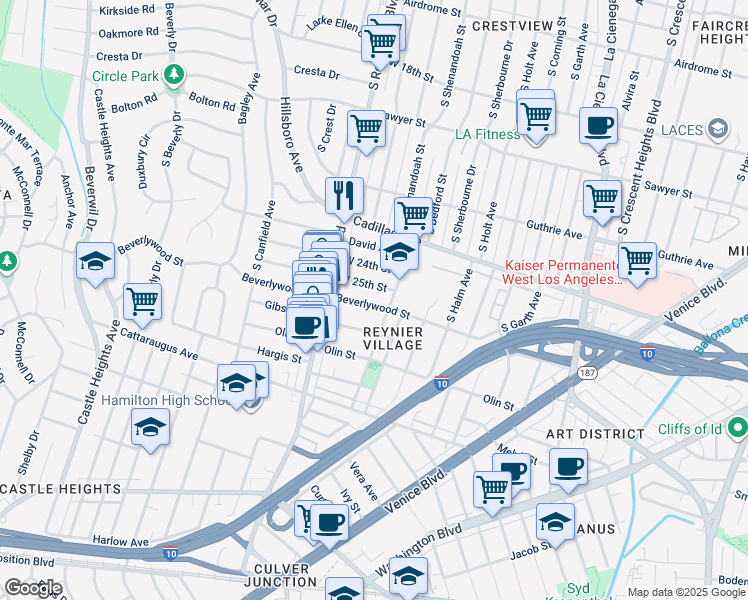 map of restaurants, bars, coffee shops, grocery stores, and more near 8919 Beverlywood Street in Los Angeles