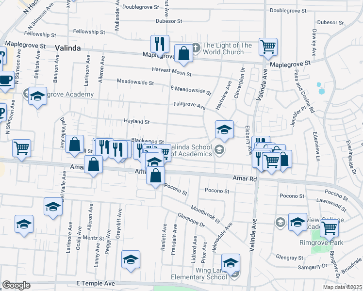 map of restaurants, bars, coffee shops, grocery stores, and more near 16138 Blackwood Street in La Puente