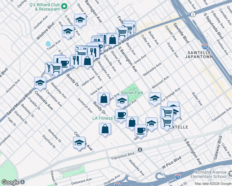 map of restaurants, bars, coffee shops, grocery stores, and more near 11861 Nebraska Avenue in Los Angeles