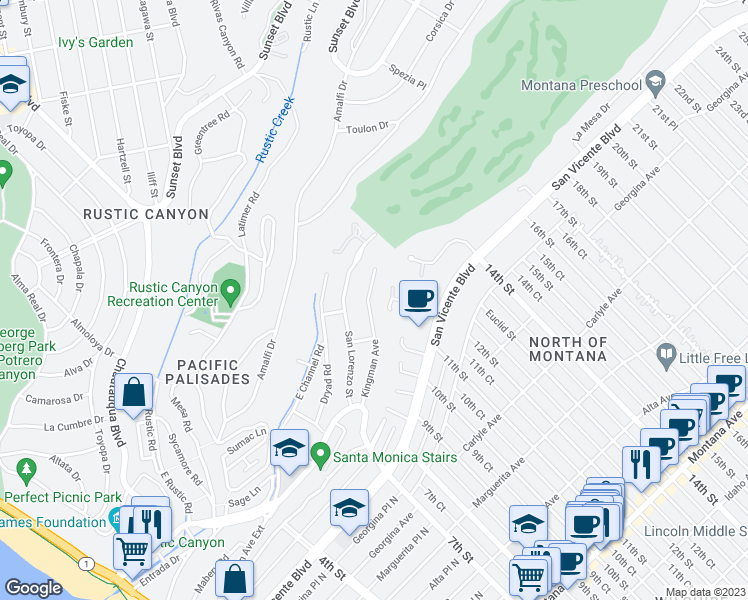 map of restaurants, bars, coffee shops, grocery stores, and more near 740 Kingman Avenue in Santa Monica
