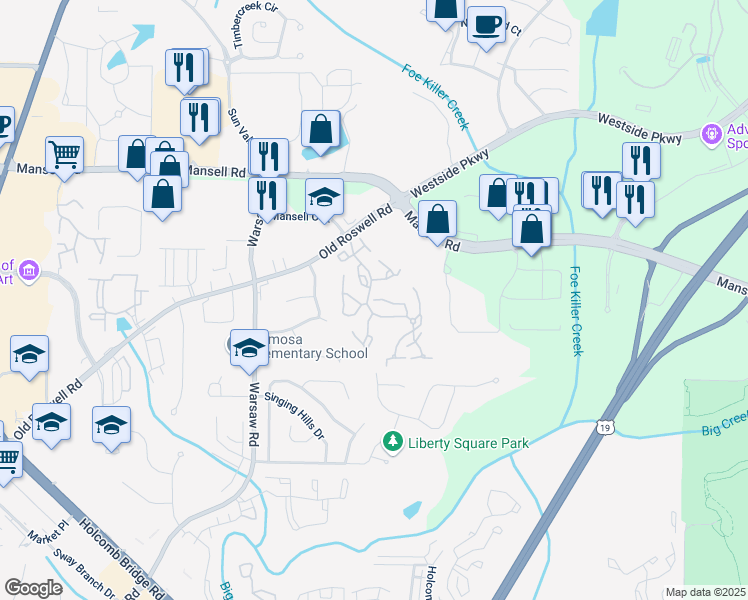 map of restaurants, bars, coffee shops, grocery stores, and more near 499 Kingspoint Lane in Roswell