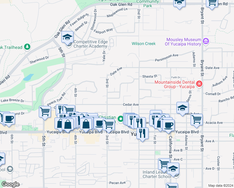 map of restaurants, bars, coffee shops, grocery stores, and more near 34759 Lockwood Drive in Yucaipa