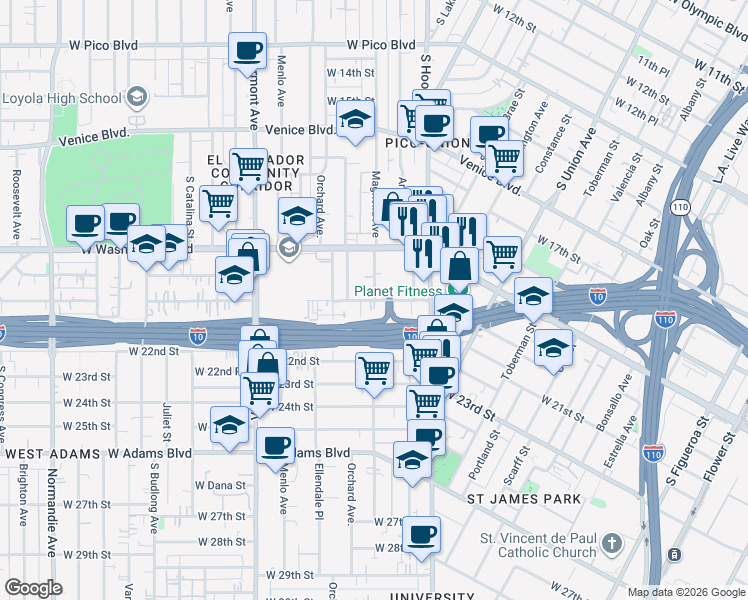 map of restaurants, bars, coffee shops, grocery stores, and more near West 20th Street in Los Angeles