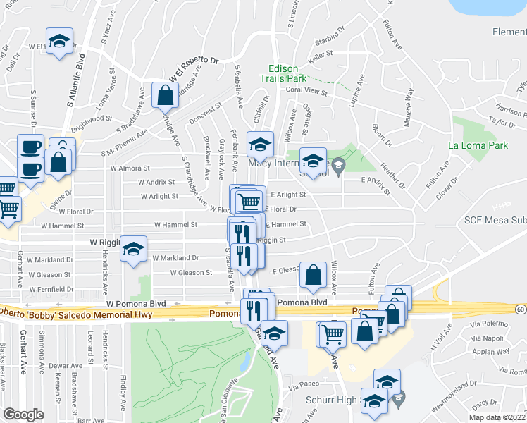 map of restaurants, bars, coffee shops, grocery stores, and more near 104 East Floral Drive in Monterey Park