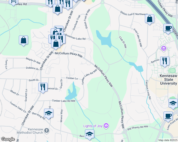 map of restaurants, bars, coffee shops, grocery stores, and more near 3435 Timberlake Road Northwest in Kennesaw