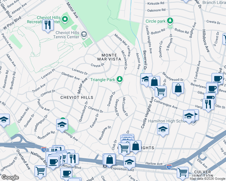 map of restaurants, bars, coffee shops, grocery stores, and more near 2933 Danalda Drive in Los Angeles