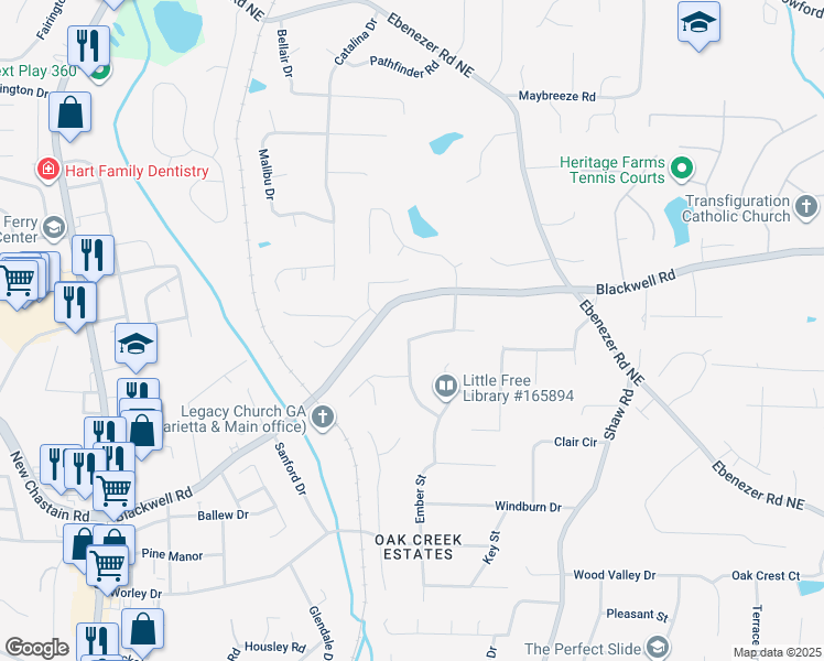map of restaurants, bars, coffee shops, grocery stores, and more near 3681 Autumn Leaves Lane in Marietta