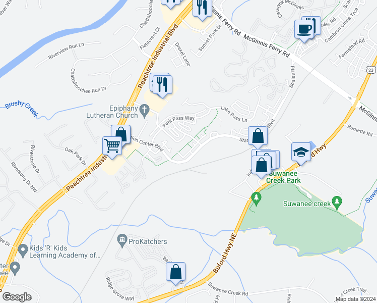 map of restaurants, bars, coffee shops, grocery stores, and more near 1375 Station Center Boulevard in Suwanee