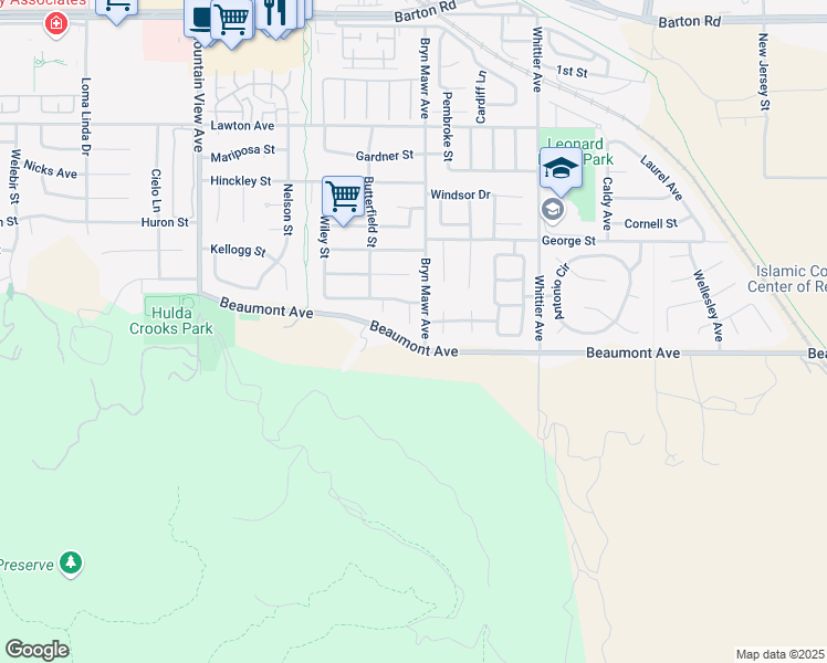 map of restaurants, bars, coffee shops, grocery stores, and more near 11867 Beverly Court in Loma Linda