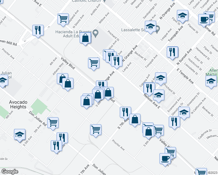 map of restaurants, bars, coffee shops, grocery stores, and more near 140 North Orange Avenue in City of Industry