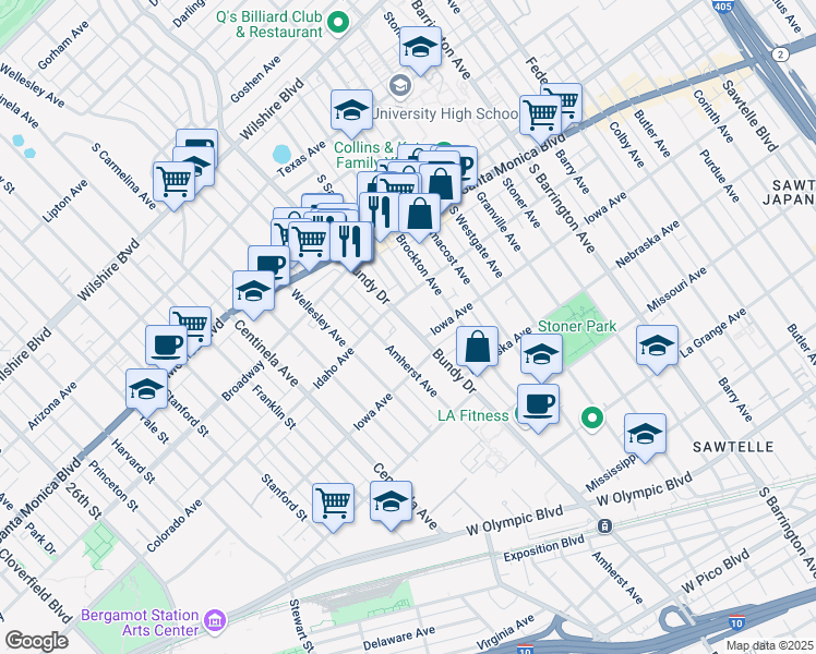 map of restaurants, bars, coffee shops, grocery stores, and more near 1625 South Bundy Drive in Los Angeles