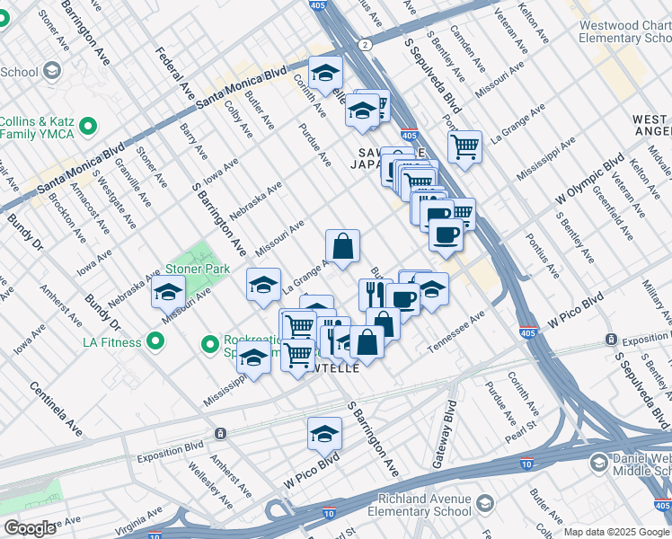 map of restaurants, bars, coffee shops, grocery stores, and more near 2020 Federal Avenue in Los Angeles