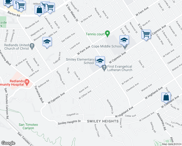 map of restaurants, bars, coffee shops, grocery stores, and more near 1226 West Cypress Avenue in Redlands