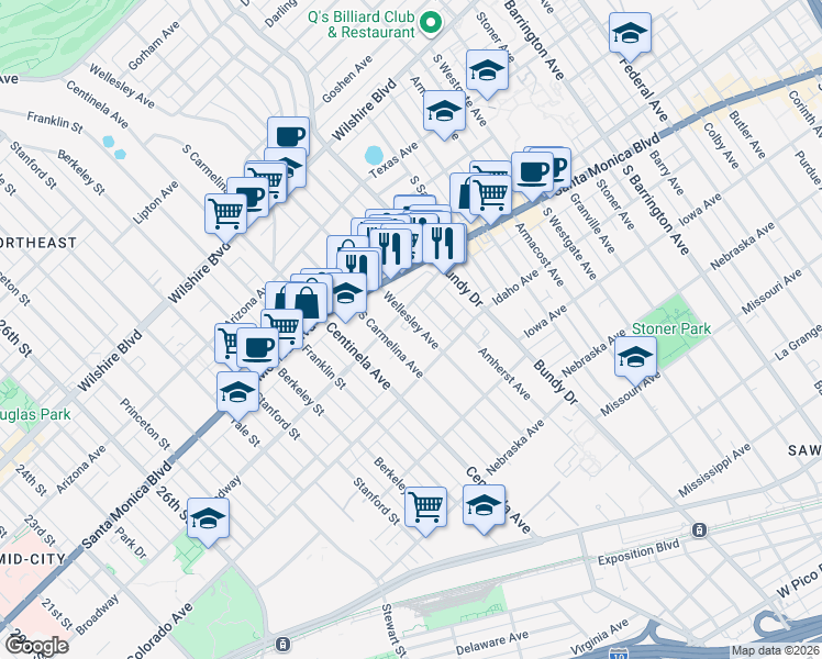 map of restaurants, bars, coffee shops, grocery stores, and more near 1529 Wellesley Avenue in Los Angeles