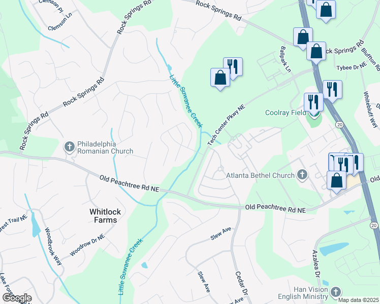 map of restaurants, bars, coffee shops, grocery stores, and more near 997 Pierce Brennen Drive Northeast in Lawrenceville