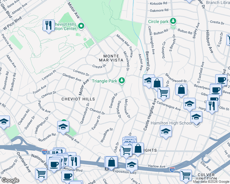 map of restaurants, bars, coffee shops, grocery stores, and more near 2933 Danalda Drive in Los Angeles