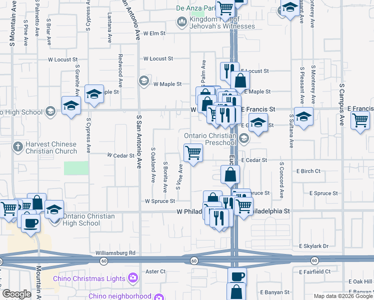 map of restaurants, bars, coffee shops, grocery stores, and more near 1940 South Fern Avenue in Ontario