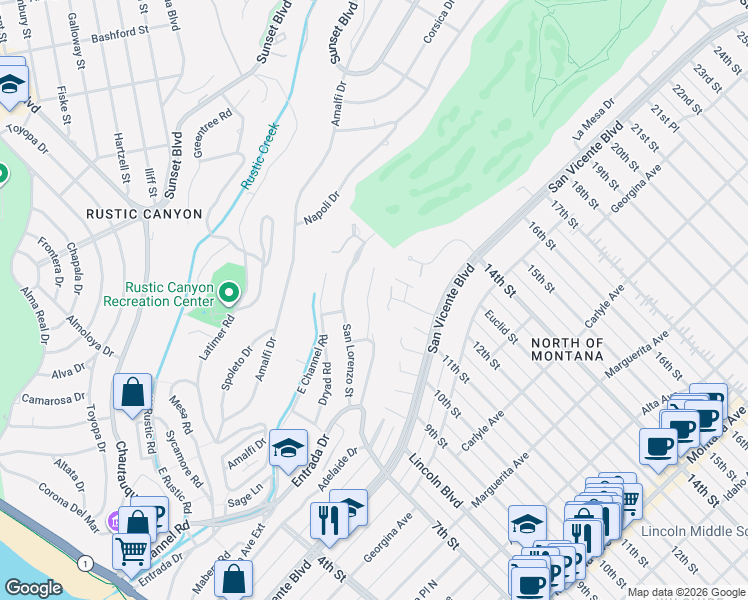 map of restaurants, bars, coffee shops, grocery stores, and more near 740 Kingman Avenue in Santa Monica