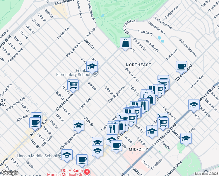 map of restaurants, bars, coffee shops, grocery stores, and more near 921 24th Street in Santa Monica