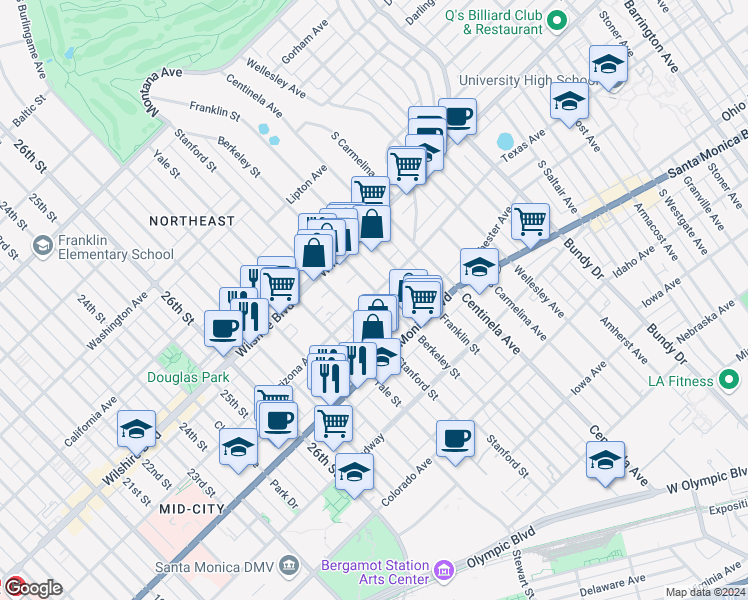 map of restaurants, bars, coffee shops, grocery stores, and more near 1304 Berkeley Street in Santa Monica