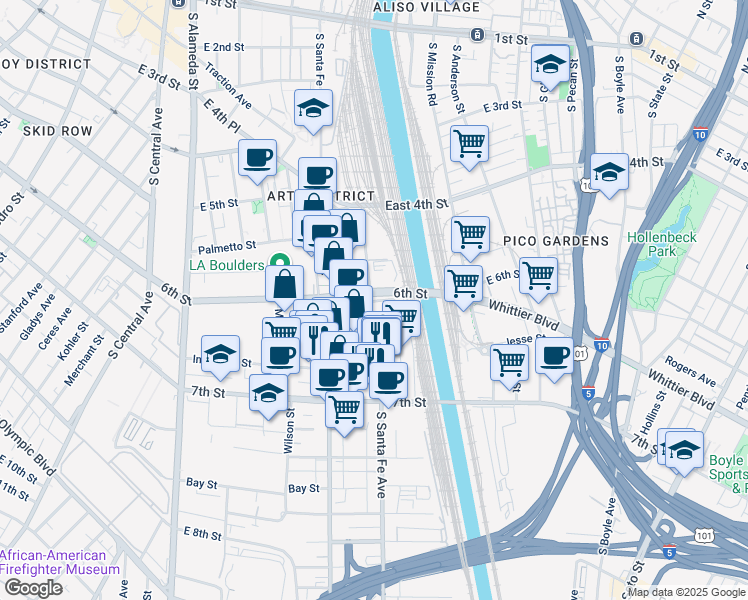 map of restaurants, bars, coffee shops, grocery stores, and more near 600 South Santa Fe Avenue in Los Angeles