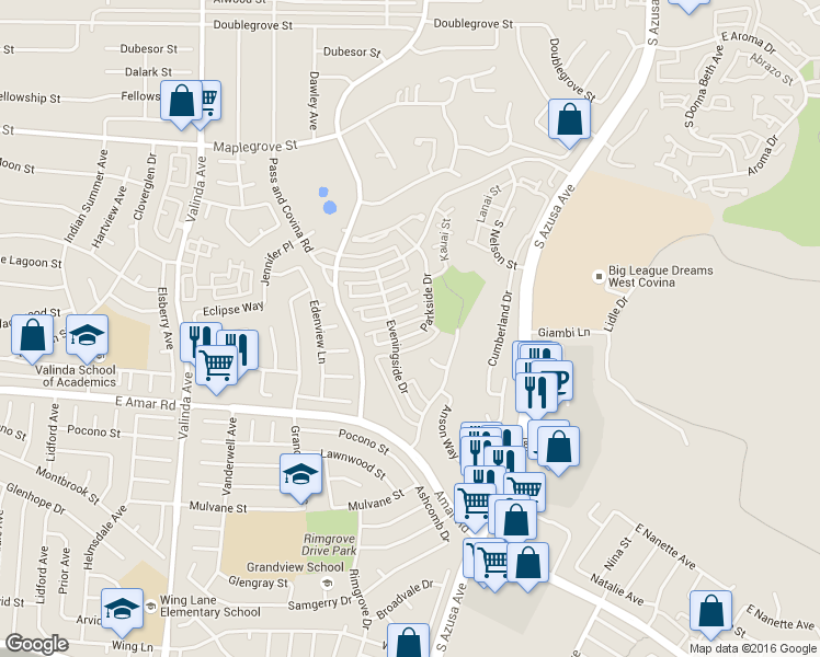 map of restaurants, bars, coffee shops, grocery stores, and more near 1339 Parkside Drive in West Covina