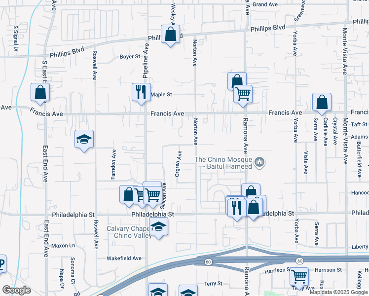 map of restaurants, bars, coffee shops, grocery stores, and more near 11811 Orgren Avenue in Chino