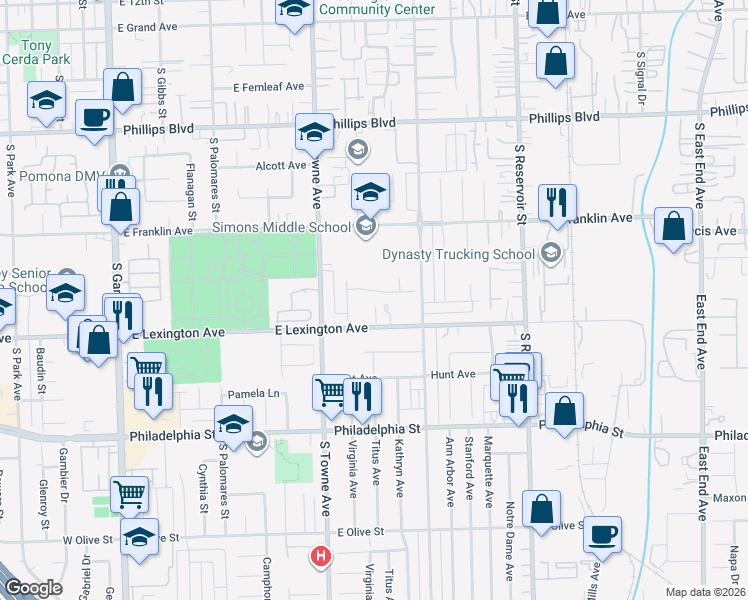 map of restaurants, bars, coffee shops, grocery stores, and more near 864 Telamon Lane in Pomona