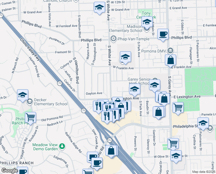 map of restaurants, bars, coffee shops, grocery stores, and more near 1834 Morrison Street in Pomona