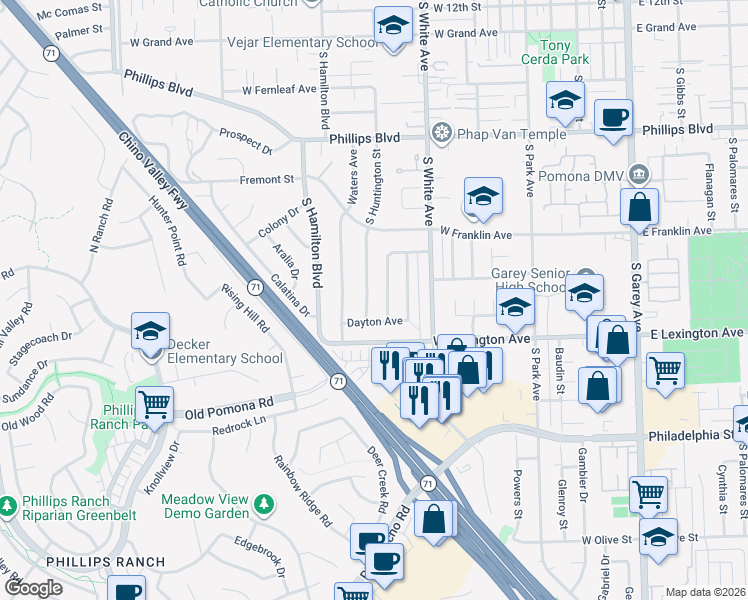 map of restaurants, bars, coffee shops, grocery stores, and more near 1839 Garland Street in Pomona
