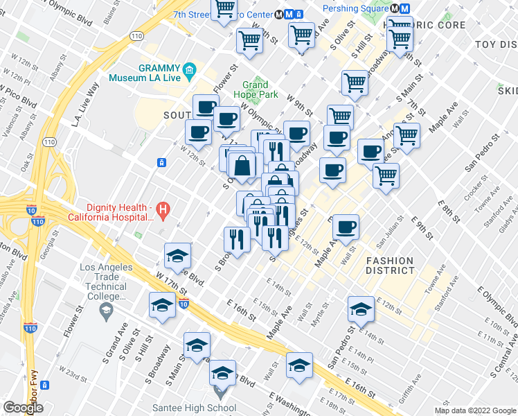 map of restaurants, bars, coffee shops, grocery stores, and more near 120 West 12th Street in Los Angeles