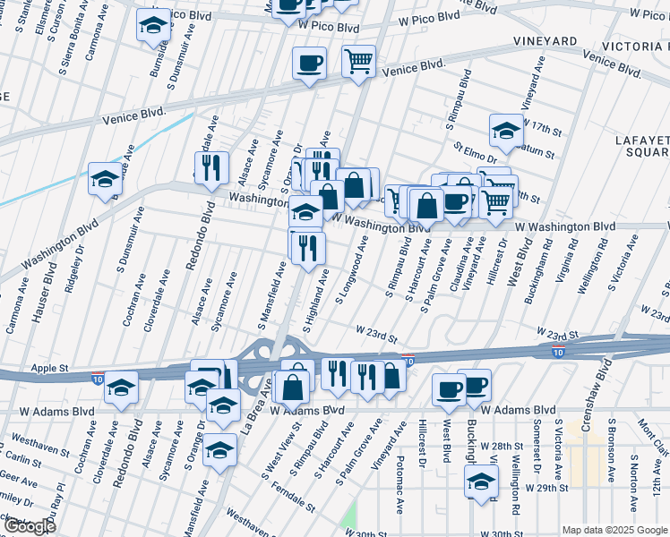 map of restaurants, bars, coffee shops, grocery stores, and more near 4932 West 21st Street in Los Angeles