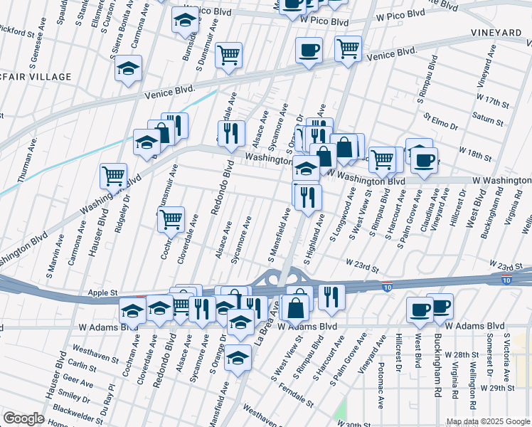 map of restaurants, bars, coffee shops, grocery stores, and more near 2134 South Sycamore Avenue in Los Angeles