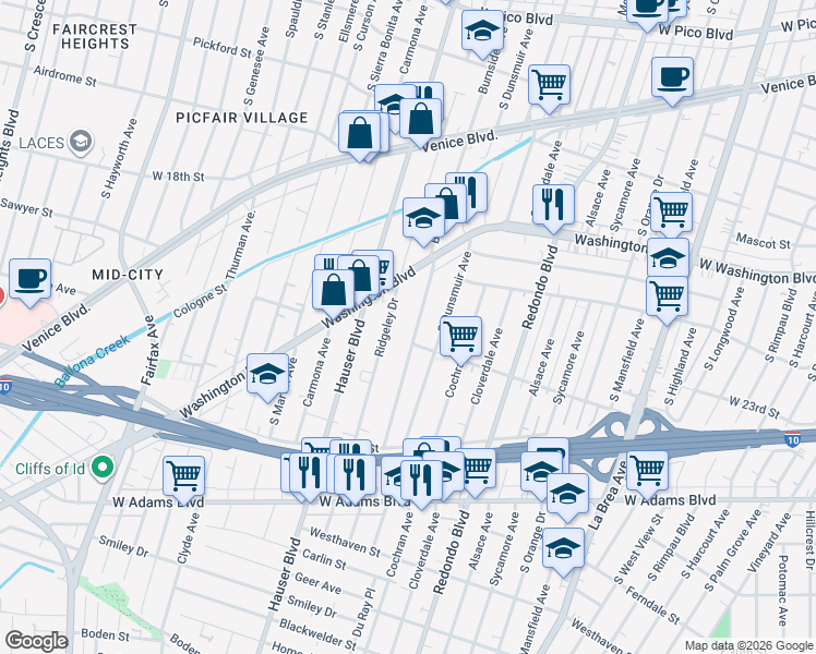 map of restaurants, bars, coffee shops, grocery stores, and more near 2117 South Burnside Avenue in Los Angeles
