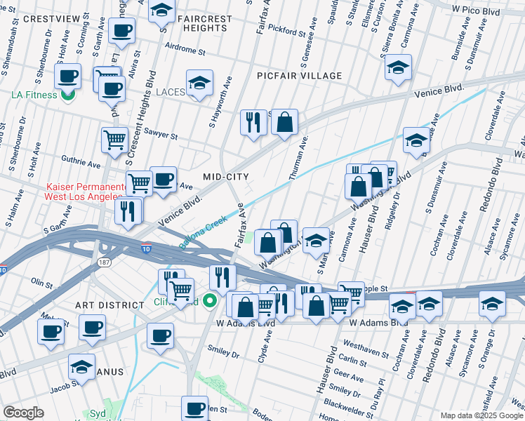 map of restaurants, bars, coffee shops, grocery stores, and more near 2218 South Genesee Avenue in Los Angeles
