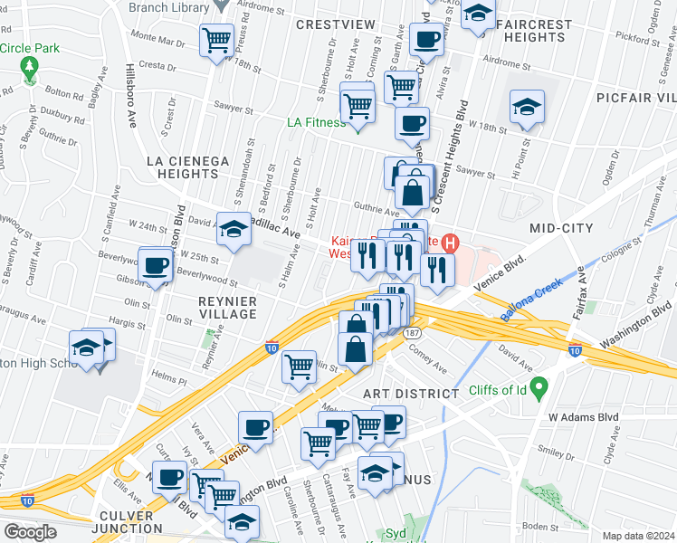 map of restaurants, bars, coffee shops, grocery stores, and more near 2333 South Garth Avenue in Los Angeles