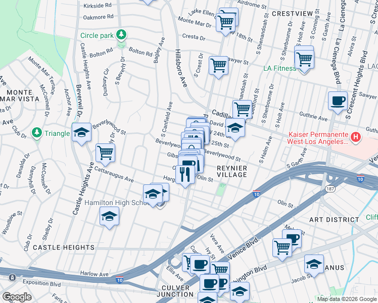 map of restaurants, bars, coffee shops, grocery stores, and more near 2617 South Robertson Boulevard in Los Angeles