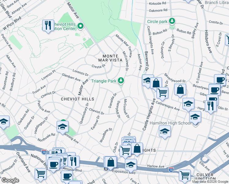 map of restaurants, bars, coffee shops, grocery stores, and more near 2924 Danalda Drive in Los Angeles