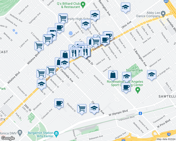 map of restaurants, bars, coffee shops, grocery stores, and more near in Los Angeles