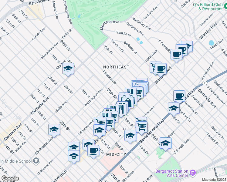 map of restaurants, bars, coffee shops, grocery stores, and more near 1055 26th Street in Santa Monica